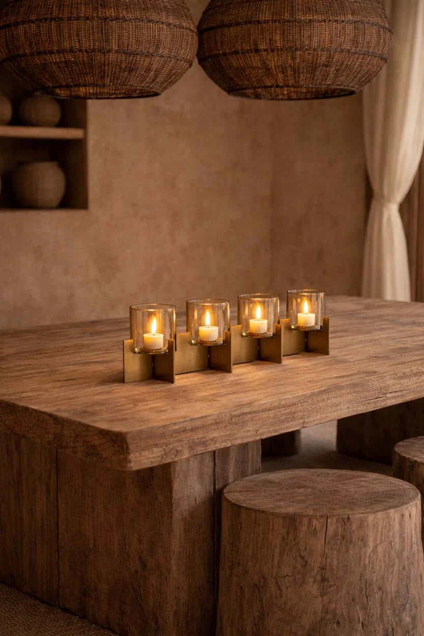 Gouden Quarta kaarshouder met vier armen, gemaakt van messing en glas, elegant en handgemaakt, voor sfeervolle verlichting.