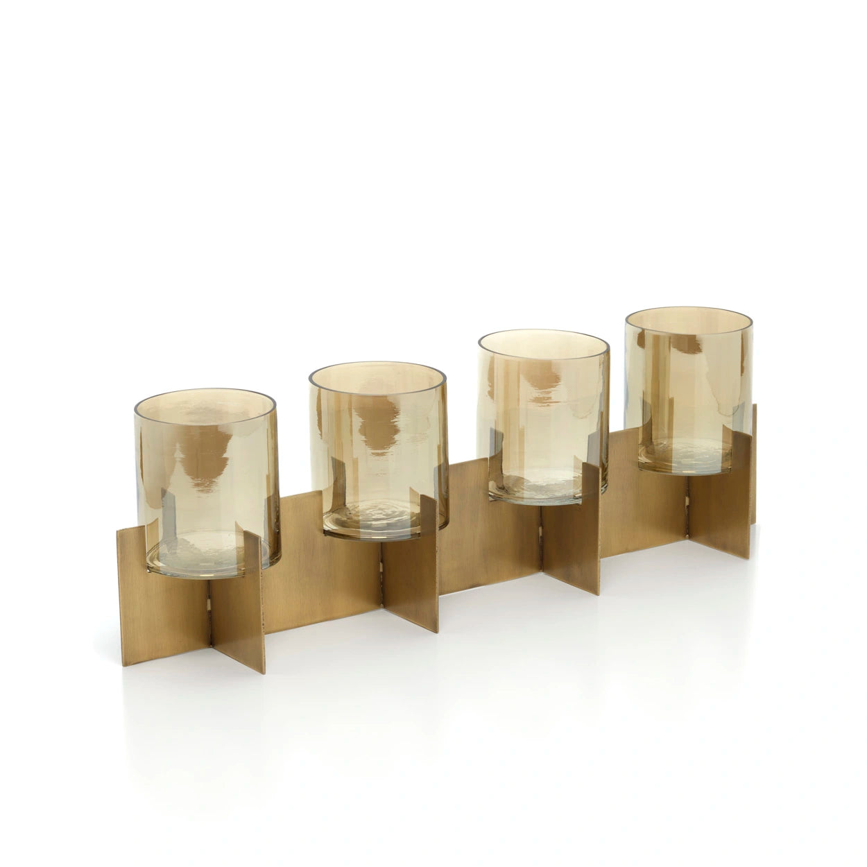 Gouden Quarta kaarshouder met vier armen, gemaakt van messing en glas, elegant en handgemaakt, voor sfeervolle verlichting.